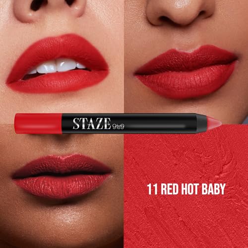 Image of Staze Pout On Transfer proof Lip Crayon | Upto 12 hours long stay | One Swipe High Matte Pigment | Vitamin E & Jojoba Oil | Sharpenable Smudgeproof & Waterproof Lip Crayon | 11 Red Hot Baby | 3.5g