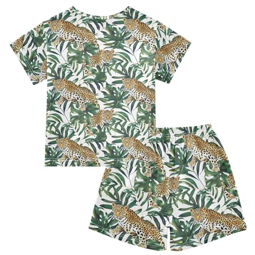 ALAZA Leopard Green Leaves Pajamas Short Sleeve 2 Piece Sleepwear Top and Bottom Pajama Set Unisex2