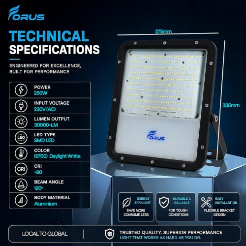 Image of Forus 250W LED Flood Light Outdoor, IP67 Waterproof Wall Mounted Outside Light, High Bright Daylight White LED Flood Light for Parking, Society, Industrial & Flood Lighting with 4 Years Warranty -1 Pc