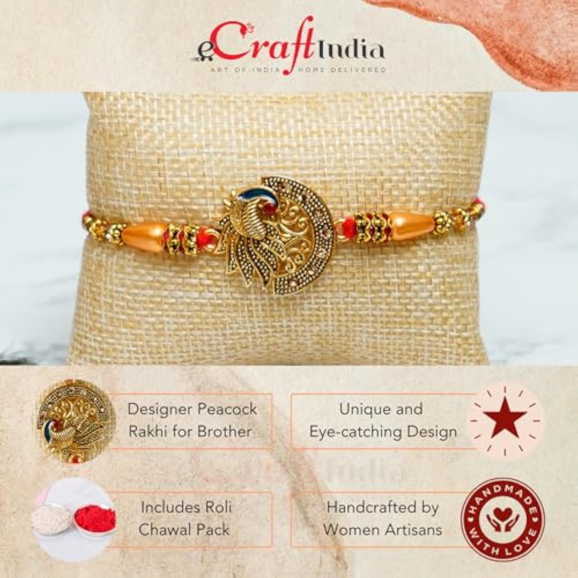 Designer Peacock Rakhi with Flying Angel Horse Statue