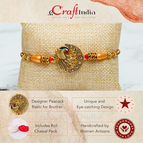 Image of eCraftIndia Designer Peacock Rakhi, Lord Krishna Idol Playing Flute Under Tree with Cow and Calf Showpiece, Roli Chawal Pack, Raksha Bandhan Greeting Card