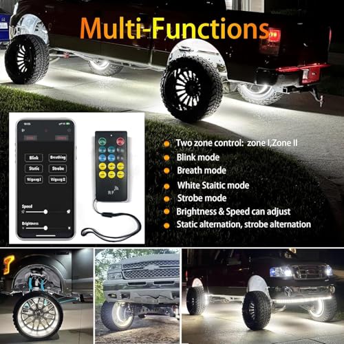 Image of 4PCS 17 inch Ultra-Bright Double Side Triple Row 7840 Pure White Wheel Lights for Truck Car,APP & RF Remote Control Wheel Weel Ring Rim Lighting kit with Strobe Blink Modes,Waterproof IP68,12V