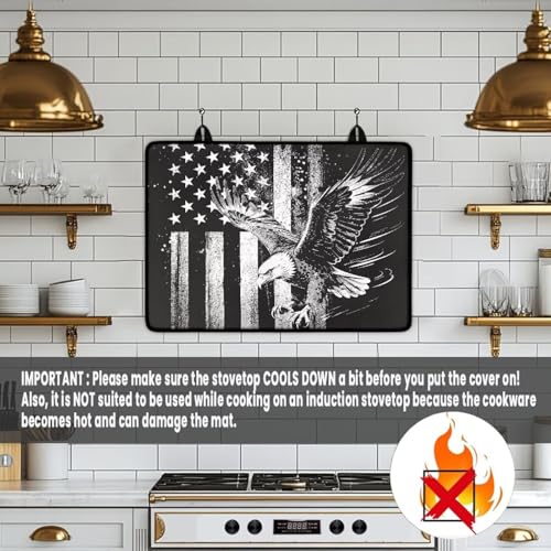 Image of Poceacles 4th of July Electric Stove Top Cover Induction Electric Stove Protector Non-slip Glass Cooktop Cover Stovetop Mat Multipurpose Flat Top Mat, Retro American Flag Eagle Black Gray