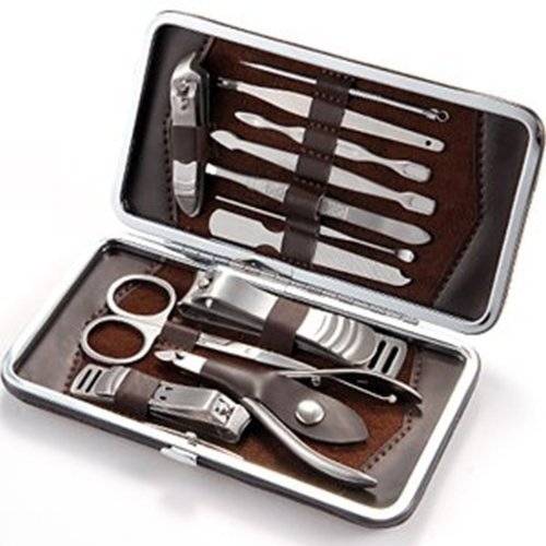 Set De 12 Cortauñas Manicura Acero Inoxidable Caja Cuero PU