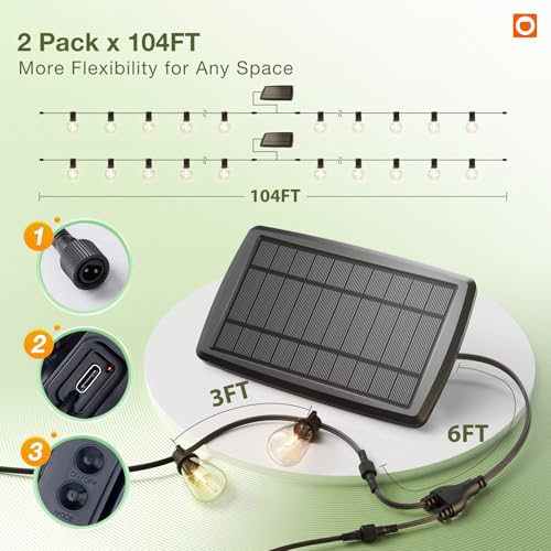 Image of addlon 204FT(2 Pack*102FT) Solar String Lights Waterproof, Patio Lights Solar Powered with Remote & USB Port, 3 Lighting Modes 60+4 LED Shatterproof Bulbs Outdoor Light for Camping Backyard Garden
