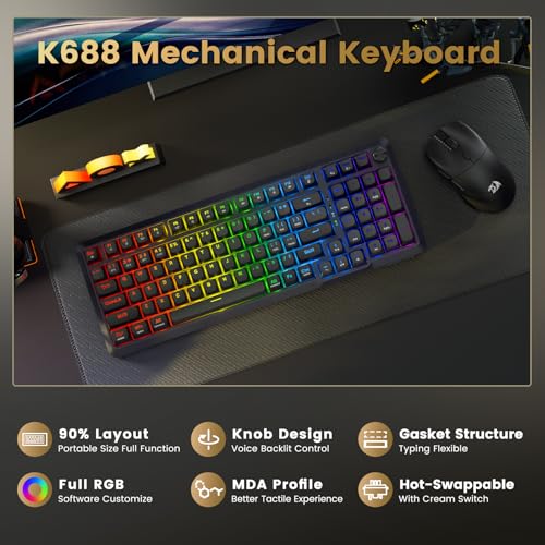 Redragon Wireless Mechanical Keyboard, 3 Mode Gasket Mounted RGB Gaming Keyboard with Volume Knob, Pre-Lubed Linear Switches, MDA-Profile, 98 Keys Hot Swappable Creamy Keyboard for PC/Tablet/Xbox/PS4 - Image 3