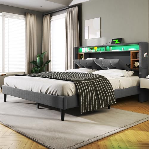 Polsterbett 140x200, Stauraum-Kopfteil Bettrahmen mit Staufach und USB-Ladefunktion, LED Doppelbett mit Rückenlehne und Lattenrost, Gepolstertes Bett...