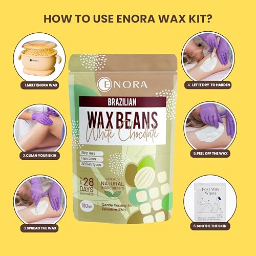Image of ENORA Premium Waxing Kit for Women - Silicone Wax Warmer for Hair Removal, Eyebrow, Bikini, Legs, Face, Brazilian Wax & More - Machine + 1-Pack Hard Wax Beads -white chocolate(100 g)+ Accessories