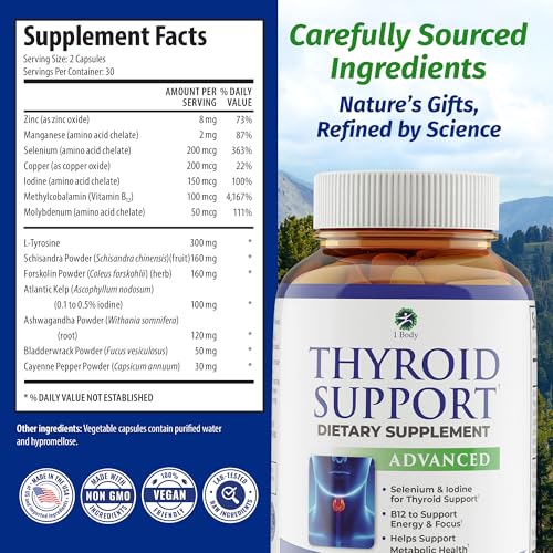 Image of 1 Body Thyroid Support Supplement for Women and Men, Selenium with Iodine, Zinc, B12, Ashwagandha and L-Tyrosine, Supports Hormone Health, Energy and Metabolism, 30 Day Supply