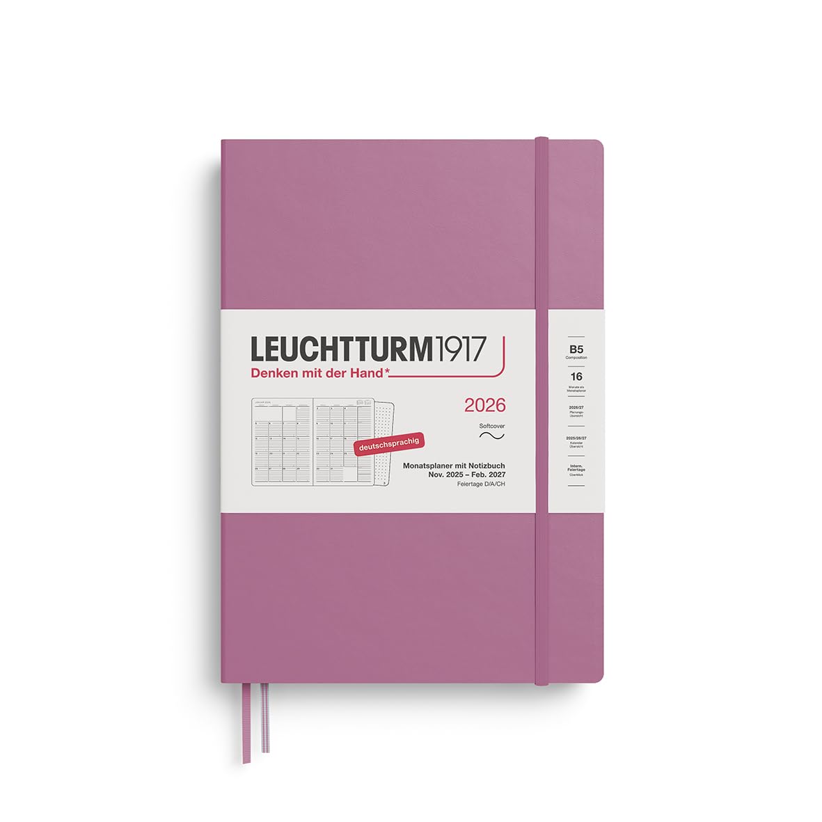 LEUCHTTURM1917 372604 Monatsplaner & Notizbuch Composition (B5) 2026, 16 Monate (01 November 2025-28. Februar 2027), Softcover, Dusty Rose, Deutsch