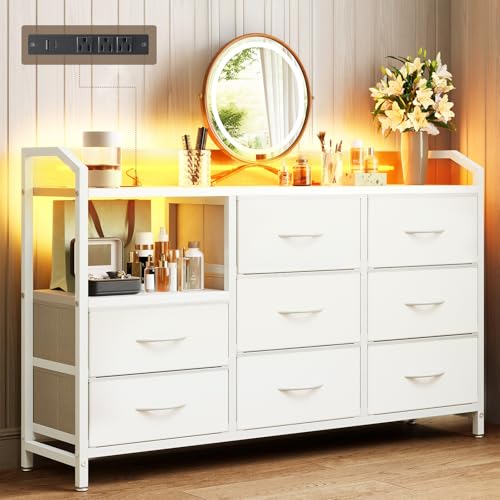 Image of KKL White Dresser for Bedroom with Light Strip & Power Outlet — 8 Drawers Dressers & Chest of Drawers with Shelf, Wood Top, Metal Frame, Wide Dressers for Girls Bedroom, Living Room, Hallway, Closet
