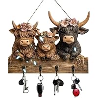 OALYGEI Highland Cattle Ornaments Key Holder for Wall Mount Bullhead Animal Wooden Towel Key Hooks Coat Hanger with 4 Hooks Cow Wall Decorative Rack