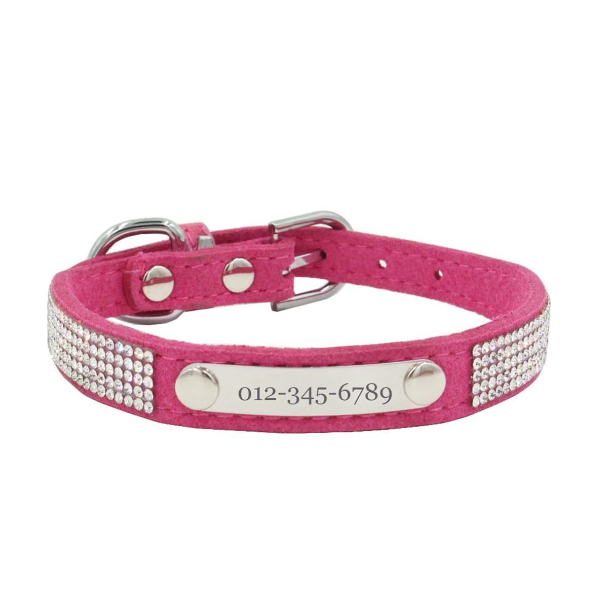 THAIN Rhinestones Personalized Dog Cat Collar Bling Diamond with Engraved Stainless Steel Nameplate for Small Medium Large Dogs (Rose Red, M)