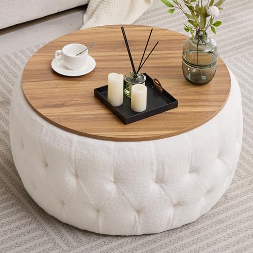 gusohey 30inch Round Storage Ottoman with Wooden Lid, Tufted Teddy Fabric Circle Ottoman Footrest Stool Bench Coffee Table for Living Room,White