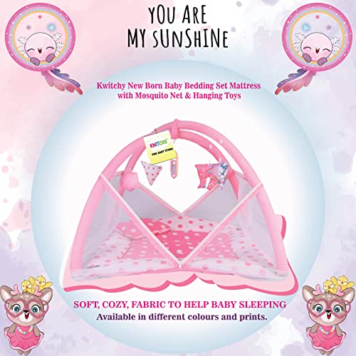 Image of Kwitchy Baby Bedding Set New Born Baby Bed | Mattress | Mosquito Net | Play Gym | Playmats | Floor Gym | Cotton | Infants | Gift Pack | Bed with Hanging Toys (0-6 Months) Pink