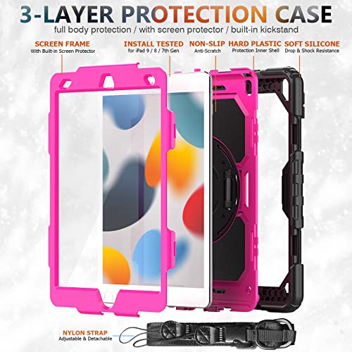 SIBEITU Case Compatible with iPad 9th/8th/7th Generation with Screen Protector Pen Holder, iPad Case 10.2 Inch, Heavy Duty Protection Cover W/Stand Hand Shoulder Strap for iPad A2602 A2197