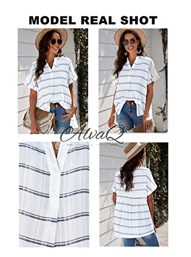 Alvaq Women Blouses Summer Short Sleeve V Neck Loose Casual Stripe Tunic Shirts Tops Large #TOP4