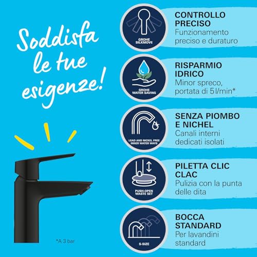 Grohe Start 235502432 - Miscelatore Monocomando Per Lavabo, Con Limitatore Di Temperatura, Colore: Nero Opaco - 9