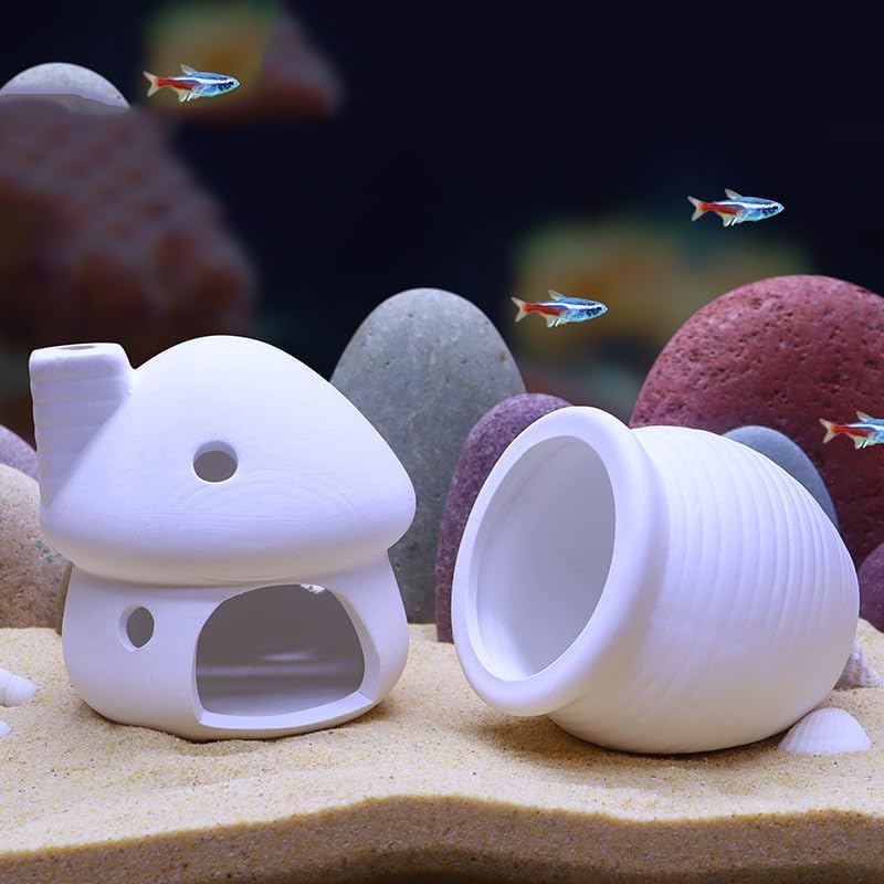 Image of RUIAN Ceramic Jar Aquarium Decorations Fish Tank Hideout Cave Cute Pot Aquarium Accessories Decor Ornaments for Cichlid, Small Fish, Betta Fish Hideout and House (White)