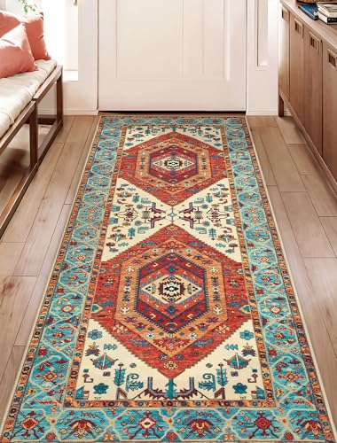 SERISSA Boho Washable Runner Rug, 2x5 Rug Runner Non-Slip Vintage Orange Hallway Kitchen Runner Rug Ultra Soft Print Distressed Tribal Floor Carpet Runner for Bedroom Bathroom Laundry Living Room