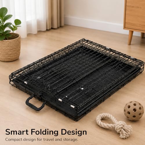 Image of PETJOY Foldable Metal Wire Dog Cage /Crate /Carrier with Tray | for Large and XL Adult Dogs | 42 Inch | Black | Single Door | Removable Base | Manual Locking Mechanism