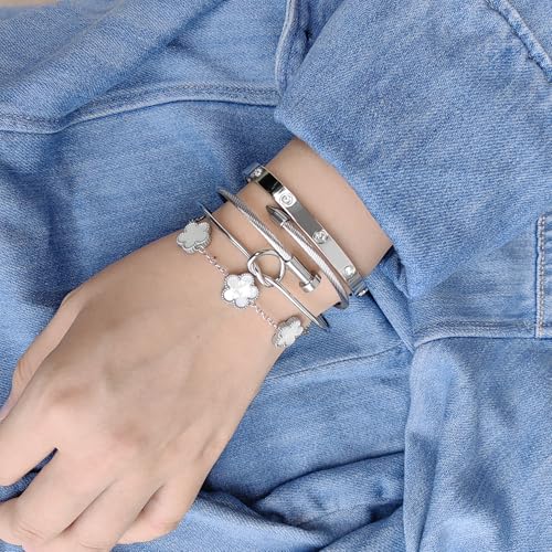 Womens 4Pcs Stackable Floral Gold Bracelets Stainless Steel Bangle Bracelets Non Tarnish Silver Set Trendy Jewelry Gifts for Womens2