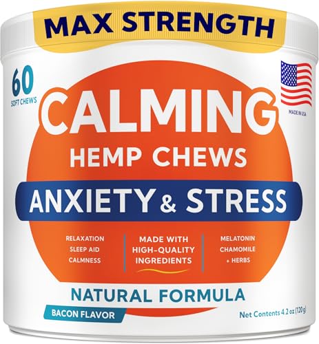 Image of Advanced Calming Chews for Dogs - Hemp Treat + Melatonin + Valerian - Relaxing Bites - Calming Care - Stress Relief - Made in USA - Calm, Sleep Aid, Storms - 60Ct