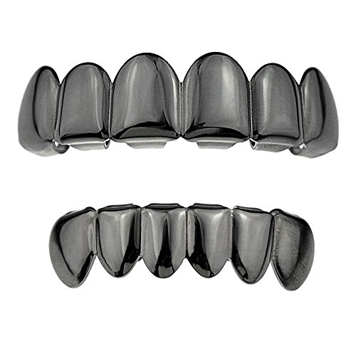 Gunmetal Black Grillz Set Upper Top & Bottom Lower Row Teeth Grill Hip Hop Fronts Pullout Mouth Grills