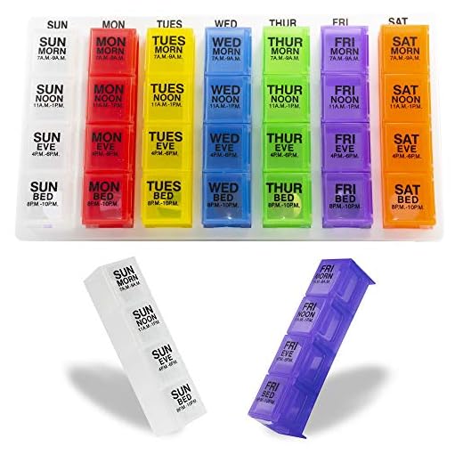 GMS 4 Times a Day Weekly Pill Reminder for Medications, Vitamins, Supplements and Other Pills - Includes 7 Removable Pill Boxes in a Flat White Tray (Rainbow)