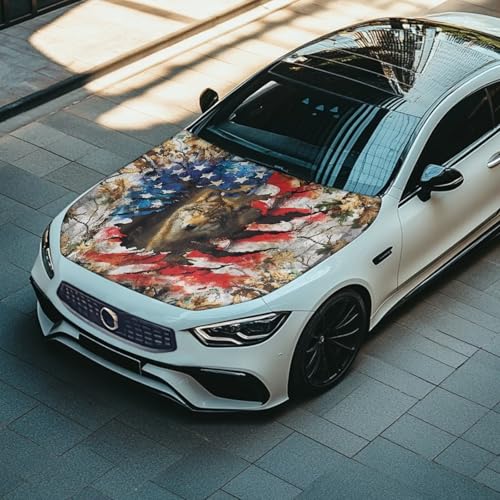 Image of Car Hood Cover, Car Hood Wrap Blankets Auto Banner Wolf American Flag Print Automotive Accessories for Compact Cars Sedans SUV Trucks (59x39 Inch)