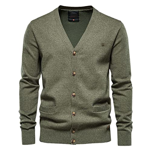 Gilet chaud à simple boutonnage, cardigan vert uni pour homme avec col en V boutonné d'hiver taille XXL