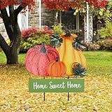 YEAHOME Outdoor Fall Decor, 22" Decorative Garden Stakes with 3 Pumpkin, Home Sweet Home Sign Metal Yard Sign