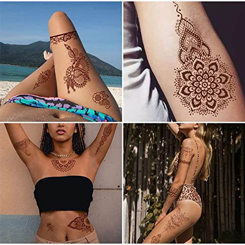 Brown Henna Temporary Tattoo Stickers, 80+ Patterns Exquisite Lace Flower Mandala Flower Elephant Waterproof Fake Tattoo Wedding Party Festive Temporary Tattoos Decorations For Women Girls 6Pcs (Brown) #TOP6