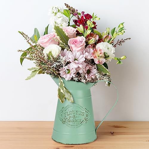 Belle Vous Jarrones para Flores de Metal Verde Olivo - 11,8 x 17,5 cm Jarron Metalico Galvanizado - Florero Vintage Shabby...