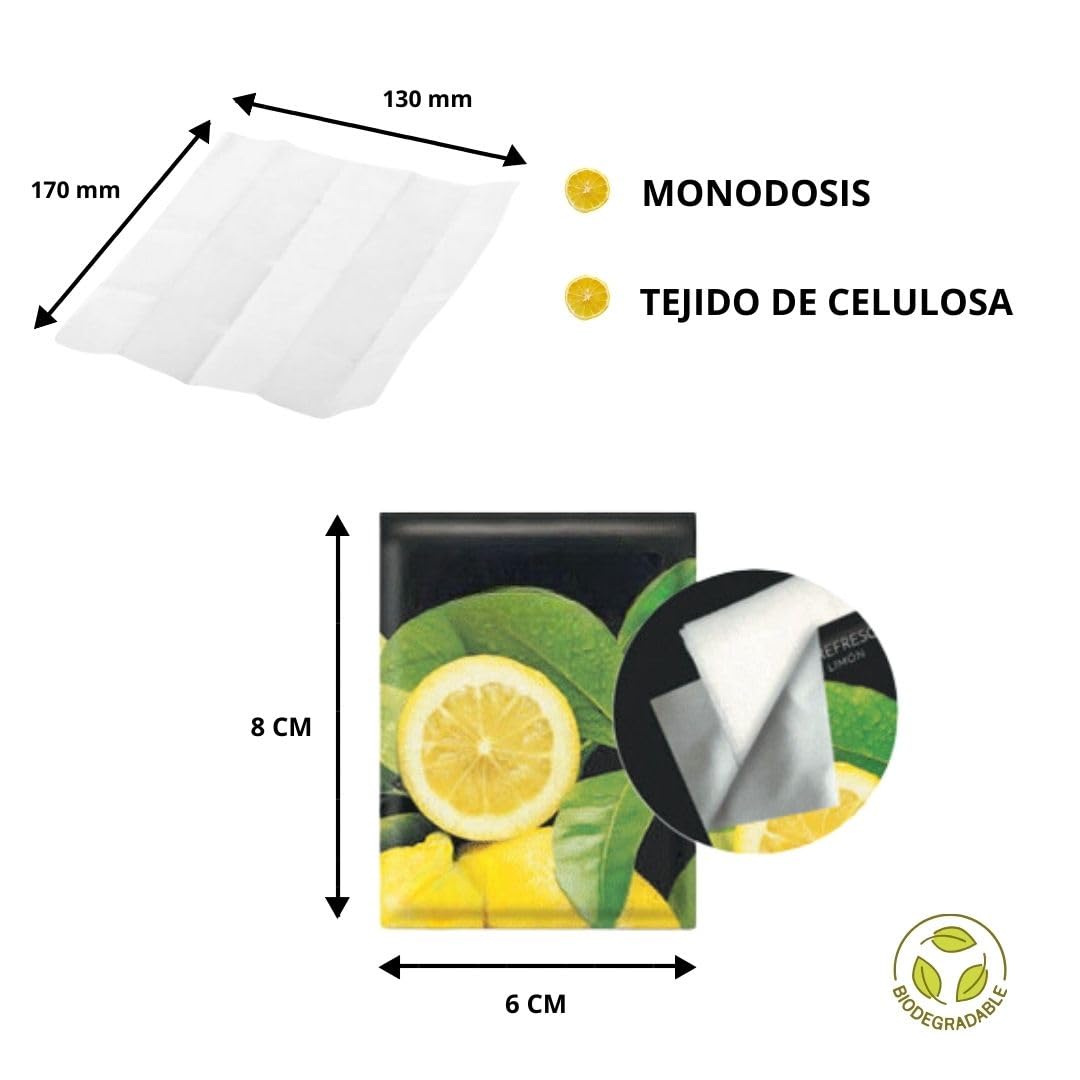 Obulco Cuidado Personal y Salud – Toallitas Limón - Refrescantes Para Manos con Fragancia de Limón - Elimina Olores de Marisco, Pescado, Carne, Suciedad - Sobres Individuales - Doméstico u Hostelería