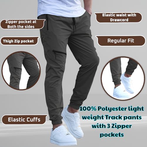Image of Men's Regular-Fit Cargo Joggers | Trendy Lightweight Track Pants with Multi Zipper Pockets & Adjustable Waist | Versatile Trousers for Exercise, Travel & Lounge Wear (in, Alpha, S, Regular, Grey)