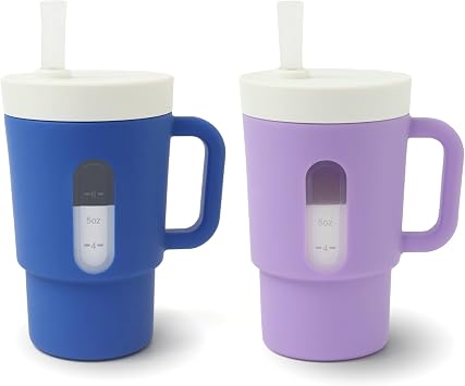Ancaixin Silicone Sippy Cup,Baby straw cups for toddlers 1-3,Toddler Cups Spill Proof,Baby Sippy Cup with straw,Purple and Blue, 7 oz,2-Pack,Ages 12 Months+
