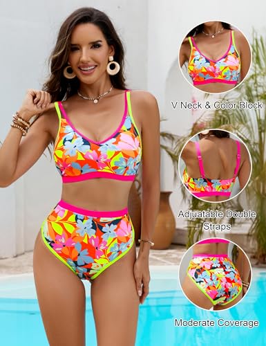 Blooming Jelly Womens High Waisted Bikini Sets Color Block Swimsuits Tummy Control Bathing Suits 2025 (L, Yellow Floral)