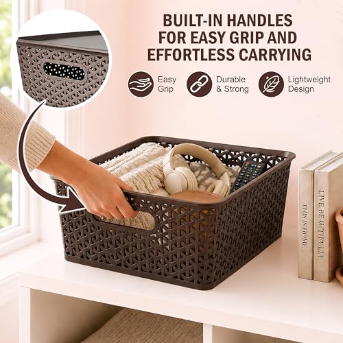 Image of JD Fresh Pack of 3 Premium Plastic Storage Basket with Lid /Smooth Handle Design & Stackable Storage Organizer /Durable Kitchen Storage Basket for Clothes, Vegetables, Fruits, Toys and Stationery(Brown)