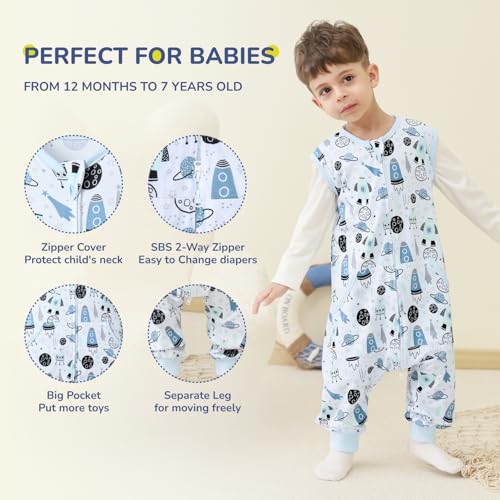 Image of WONDAY Toddler Sleep Sack with Feet, 0.5 Tog Sleeping Sacks for Walking with Legs 12-18 Months 2T 3T 4T 5T (Planet-2, 12M-2T)