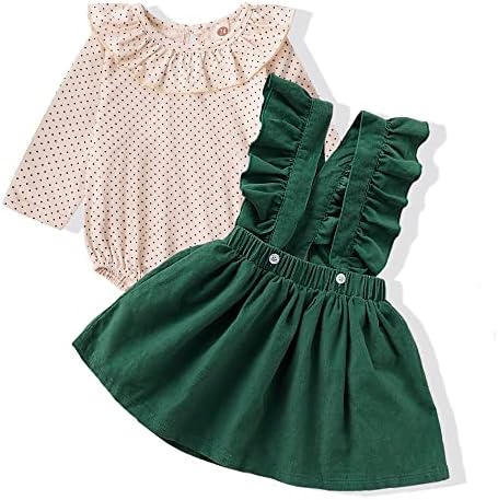 3-6 Months Baby Girl Clothes Toddler Girl Onesies Green Suspender Skirt Set Long Sleeve Ruffle Polka Dot Romper Infant Linen Jumpsuit Bodysuit