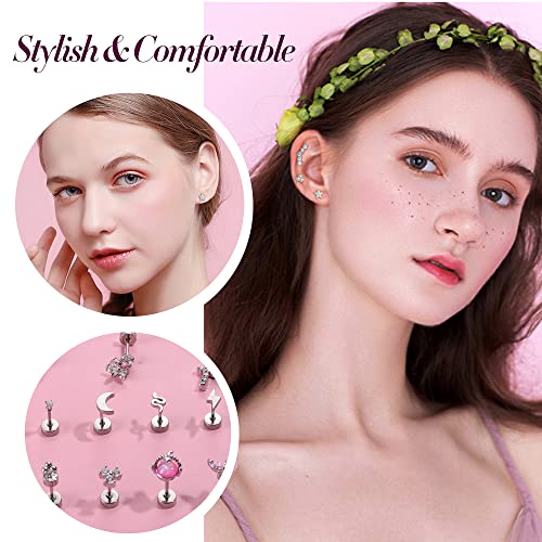 Besteel 15Pcs Flat Back Stud Earrings, 316L Stainless Steel Stud Earrings For Women Men, Small Snake Star Moon Ball Butterfly Heart Eye Flower Screwback 20G Tiny Cartilage Stud Earrings Dangle Piercing Jewelry Set Steel #TOP3