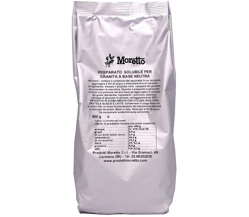 MORETTO preparato in polvere per GRANITA NEUTRA, senza glutine, 6 buste da 800 g, per 150 bicchieri