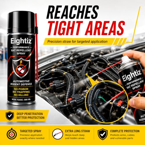 Image of Eightiz Rat Repellent Spray for Cars, Bikes, Computer No Mask Required, No Trapping Protect Wires in Car Bike Computer No Poisoning,No Killing, Unique Natural Active Ingredients 500 ml.