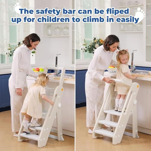 Toddler Standing Tower, Foldable Childs Kitchen Stool Helper Kids Learning Stool 2-3 Step Adjustable Ladder for Kitchen Counter Bathroom Sink with Handles, Safty Rail, Non-Slip
