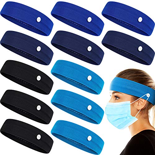 12 Pieces Button Headband for Holding Face Cover, Non-slip Elastic Hair Bands Sports Workout Turban Headwrap with Ear Protection Holder for Ear Protection, 4 Colors