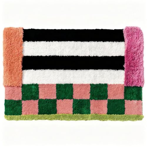 Pecfamly Colorful Funky Checkered Vintage Eclectic Maximalist Unique Fun Bathroom Rugs Colorful Retro Checkered Funky Bath Mat Dopamine Bathroom Home Room Decor (19.6X31.4)