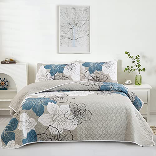 Drucon Floral Quilt Set Queen 3 Pieces Boho Blue Floral Quilt Coverlet Set Soft Microfiber Lightweight Grey Quilted Bedspread For All Season 90"X96" #TOP5