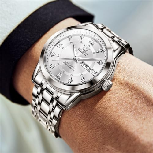 Image of OLEVS Watch for Men Classic Business Dress Analog Quartz Stainless Steel Waterproof Luminous Date Diamond Men Silver Watch