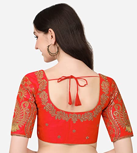 Image of Pujia Mills Women's Phantom Silk Embroidery Handwork & Sequin Work Peacock Design Half Sleeve Readymade Blouse (Mor Blouse Gold 38 Size+Margin)